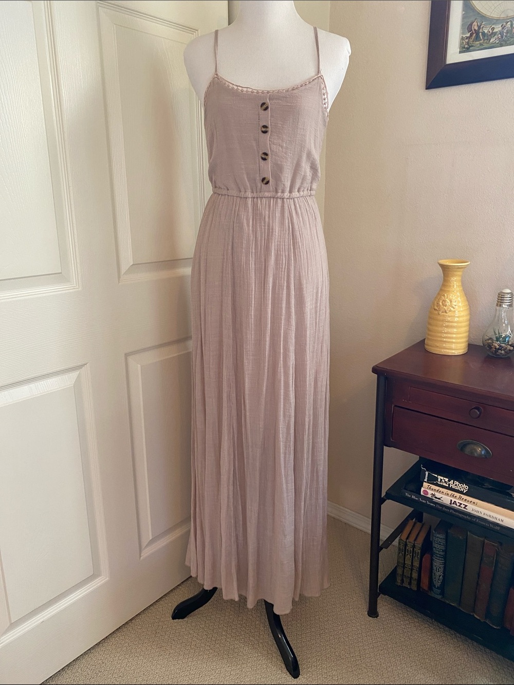 Say What? Dusty beige Spaghetti-Strap Maxi Dress
